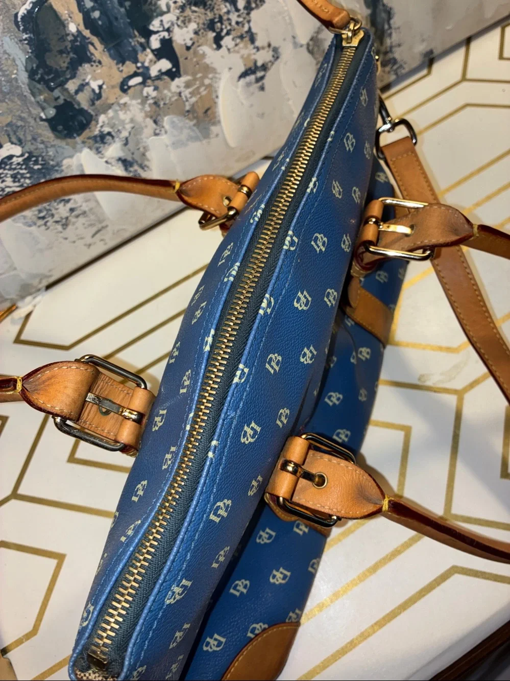 EUC Vintage Dooney and Bourke Blue Monogram Satchel with Tan Trim